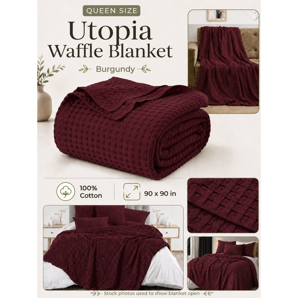Utopia Waffle Blanket Queen Burgundy 100% Cotton Soft Breathable New